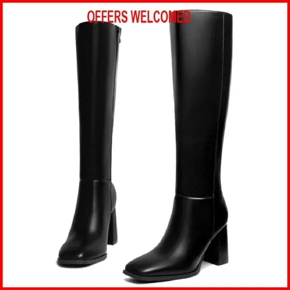 Women's Knee High Boots Chunky Heel Square Toe Side Zipper Tall Boots